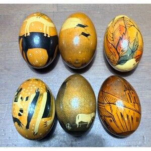 6 Vtg Hand Painted Solid Wood Eggs folk art Boho Easter Decor (lot A) 2.75”